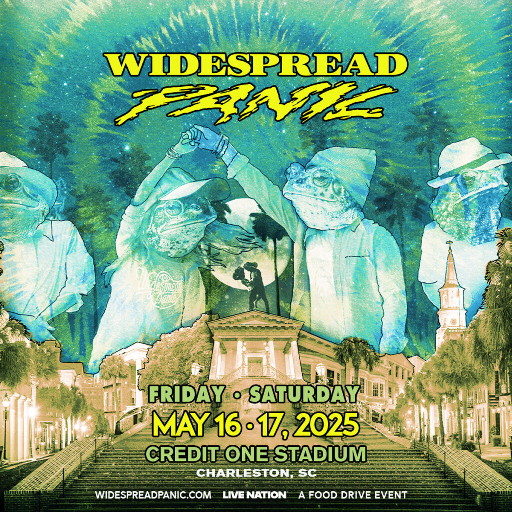 Promotional graphic for Widespread Panic shows May 16 and 17, 2025 at Credit One Stadium in Charleston SC