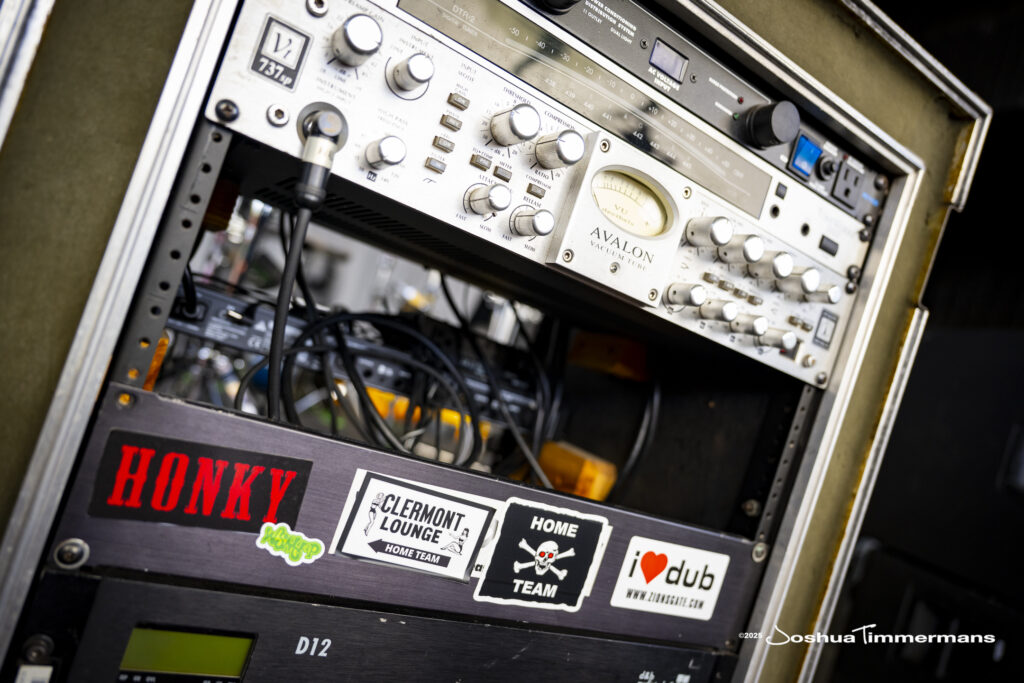 An up close picture of part of Dave Schools's bass rig