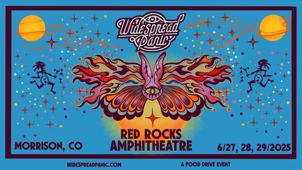 Promotional graphic for the Widespread Panic Red Rocks Amphitheatre shows June 27-29, 2025