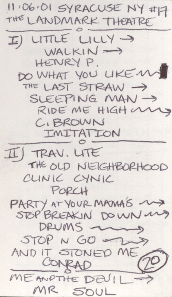 Widespread-Panic-Syracuse-2001-written-setlist-by-Garrie-Vereen