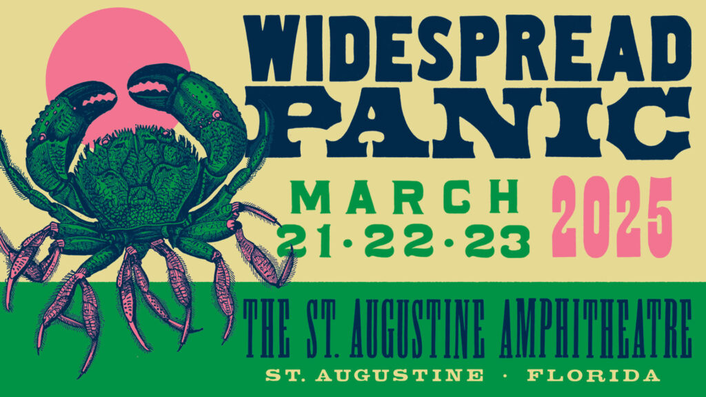 Promotional poster for Widespread Panic concert in St. Augustine, Florida. Features a large, stylized red crab on a yellow background with event dates March 21-22-23, 2025, at The St. Augustine Amphitheatre.