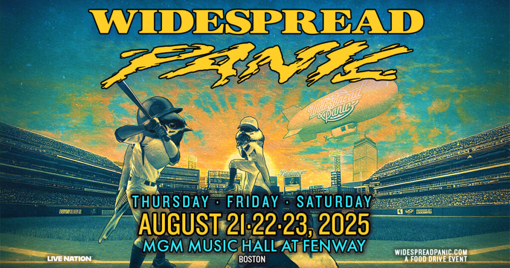 Promotional graphic for the Widespread Panic shows at the MGM Music Hall at Fenway in Boston MA August 21-23, 2025