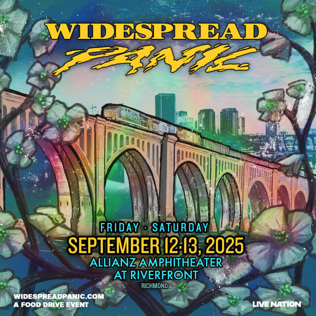 Promotional graphic for Widespread Panic's shows at Allianz Amphitheater at Riverfront in Richmond, VA on September 12-13, 2025