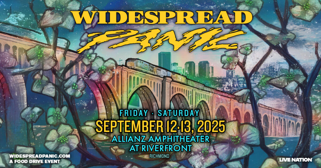 Promotional graphic for Widespread Panic's shows at Allianz Amphitheater at Riverfront in Richmond, VA on September 12-13, 2025