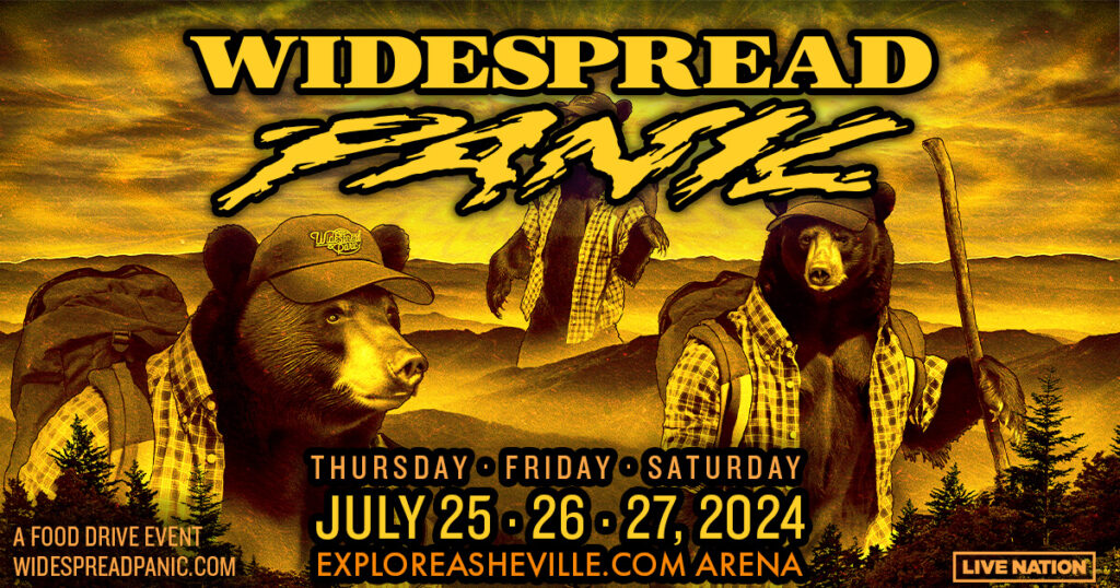 A promotional graphic with three bears dressed in hiking gear super-imposed on a mountainous background, advertising Widespread Panic's July 25-27 Asheville performances.