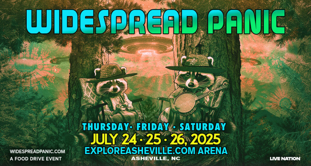 Promotional graphic for the Widespread Panic shows in Asheville NC on July 24, 25, 26, 2025
