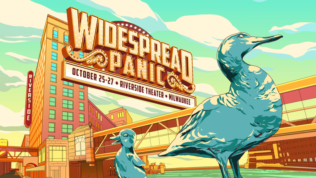 Promotional graphic for Widespread Panic's Milwaukee shows in October 2024 featuring the Riverside Theater marquee and Milwaukee's beloved Gertie the duck